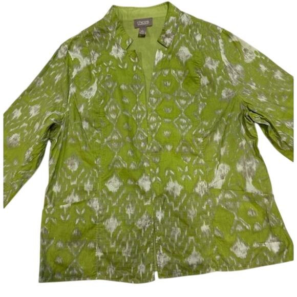 CHICO'S Green White Open Cardigan Shacket Pockets Ikat Women's Size 3 LARGE - Picture 12 of 12